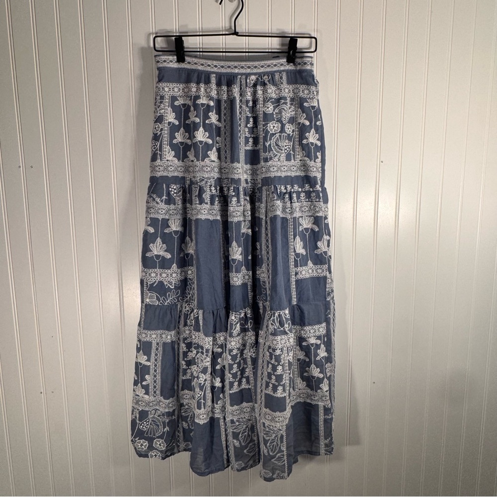 Anthropologie Maeve Ariadne Embroidered Maxi Skirt Blue & White Size XS - Picture 3 of 13